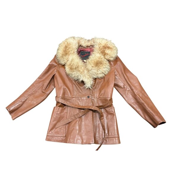 Vintage 1960s Brown Leather Belted Penny Lane Jacket With Faux Fur Collar - Picture 6 of 13